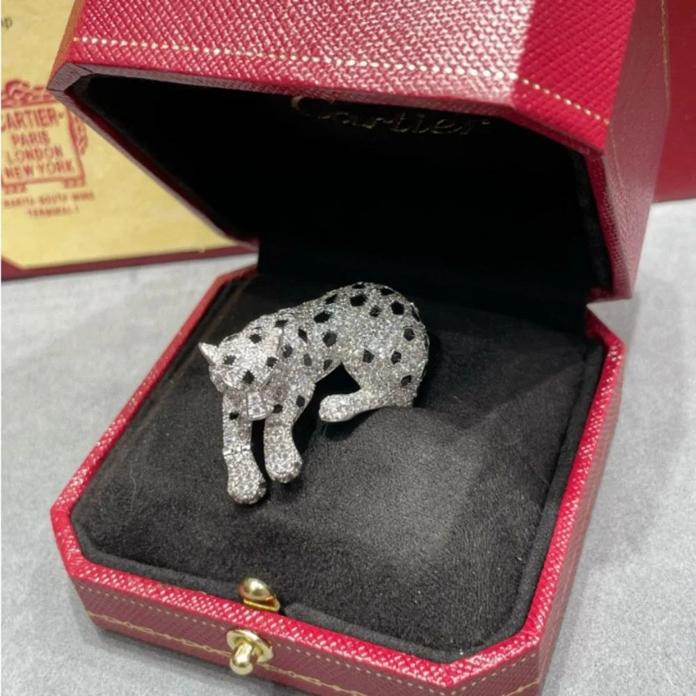 Paved Crystal Leopard Dog Ring in Silver Tone